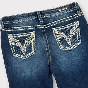 Vigoss Heritage Fit Slim Boot Mid-rise Dark Blue Jeans Embellished Pocket, sz 10